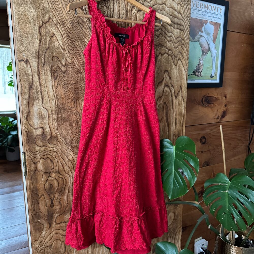 Cottage-core EXPRESS Red Embroidered Midi Dress, Womens Size 3/4